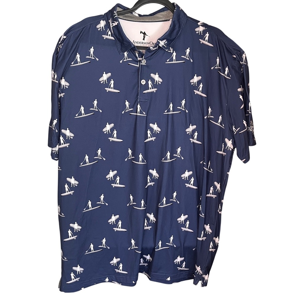 AndersonOrd Mens XXL Performance Polo Shirt Navy Blue Paddleboarder Print Golf
